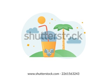 Vacation gradient icons concept scene in the flat cartoon style. Palm trees, the seashore and a refreshing cocktail.