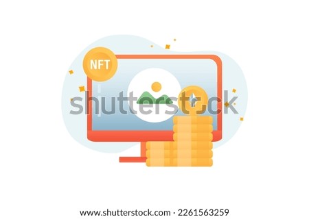 NFT gradient icons concept scene in the flat cartoon design. Pictures that can be digitized in a computer and earn money.