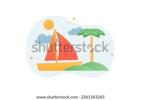 Summer gradient icons concept scene in the flat cartoon style. Ship used to move around the sea.