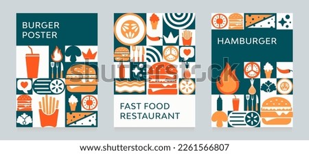 Fast food restaurant business marketing social media banner post template with geometric shapes background, logo and icon. Healthy burger and fast foods online sale promotion flyer. Food web poster. Royalty-Free Stock Photo #2261566807