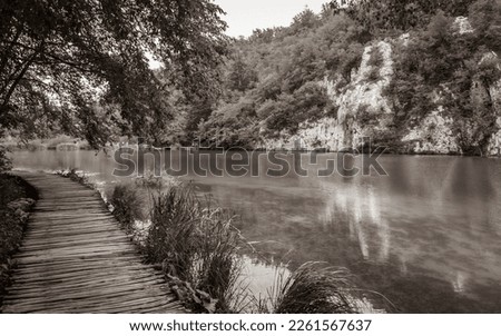 Black and white picture of landscape with footbridge over turquoise water. Plitvice Lakes National Park in Croatia.