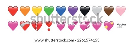 Heart Emojis set. Sparkling, growing, two Hearts, beating, revolving, broken, mending, heart exclamation, red, orange, yellow, green, blue, purple, brown, black, and white emoji.vector Royalty-Free Stock Photo #2261574153