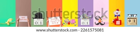Festive collage for April Fool's Day on color background Royalty-Free Stock Photo #2261575081