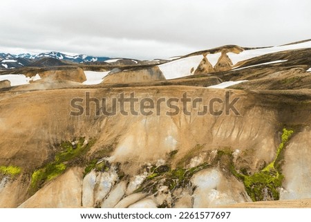 View of landscape in Iceland on cloudy day during famous Laugavegur trail