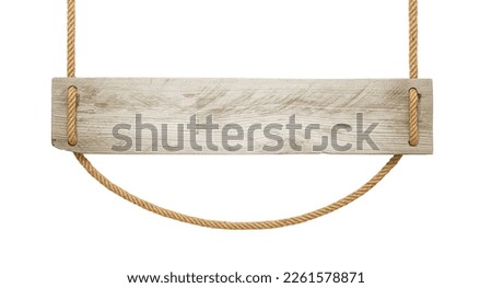 Wooden sign hanging on a rope on white background Royalty-Free Stock Photo #2261578871
