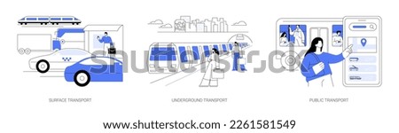 Public transport system abstract concept vector illustration set. Surface transport, underground public urban transportation, buy ticket, subway train station, bus stop, passenger abstract metaphor. Royalty-Free Stock Photo #2261581549