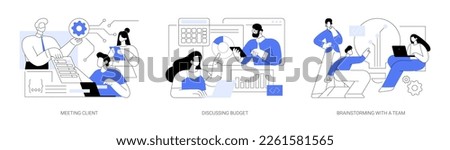 IT project management abstract concept vector illustration set. Meeting client, discussing budget, brainstorming and briefing with team, software development, teamwork organization abstract metaphor.