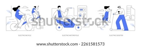 Personal urban transport abstract concept vector illustration set. Electric bicycles and motorcycles rental, riding electric scooter, modern eco-friendly city personal transport abstract metaphor.