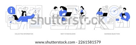 Business analysis in IT company abstract concept vector illustration set. Collecting information, meet stakeholders, business objectives and goals, branding strategy development abstract metaphor. Royalty-Free Stock Photo #2261581579