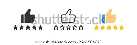 Customer product rating with five stars icon. Like, thumb up. Success, favorite, feedback, experience, quality, customer satisfaction. Outline, flat and color style. Flat design. 