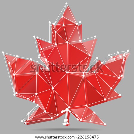 Polygonal abstract element in form of autumn leaf of canadian maple, made from colorful triangles, isolated on white