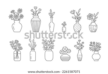 Flower in vase doodle illustration including different floral bouquets. Hand drawn cute line art about plants in interior. Thin linear drawing for coloring. Editable Stroke Royalty-Free Stock Photo #2261587071