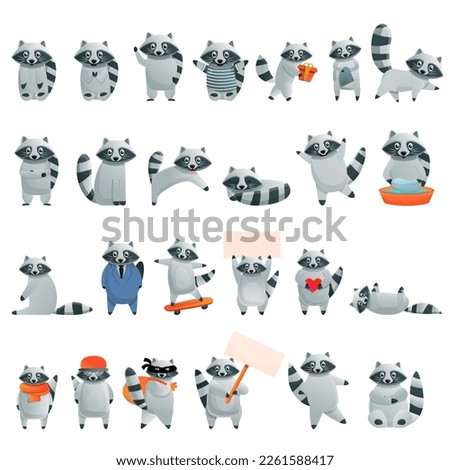 Raccoon icons set. Cartoon set of raccoon icons for web design