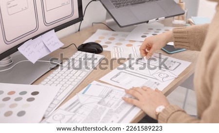 UX design, mobile app and woman hands planning user screen for software development, graphic design and digital decision. Creative, productivity and planner UI developer strategy on multimedia tech