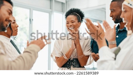Business people, diversity and clapping in high five, teamwork or collaboration in company growth, target or global goals. Smile, happy or office applause, winner celebration or success hands gesture Royalty-Free Stock Photo #2261589389