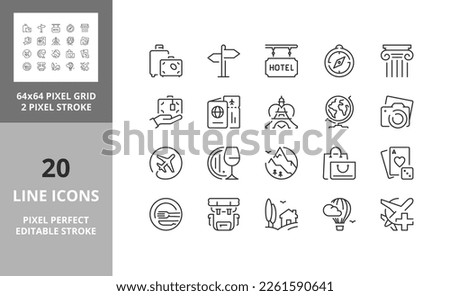 Line icons about travel, tourism and destinations. Editable vector stroke. 64 and 256 Pixel Perfect scalable to 128px Royalty-Free Stock Photo #2261590641