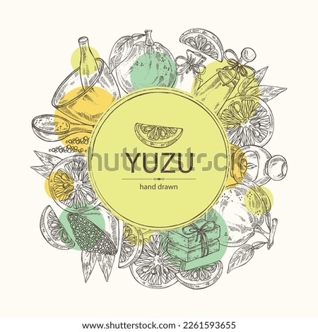 Background with yuzu: fruts, leaves, yuzu slice and bath salt, soap and beauty products. Citrus junos. Cosmetic, perfumery and medical plant. Vector hand drawn illustration.