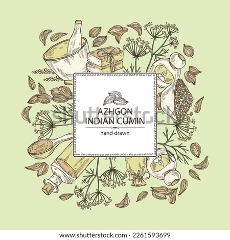Background with azhgon, indian cumin: plant and azhgon seeds. Oil, soap and bath salt . Cosmetics and medical plant. Vector hand drawn illustration