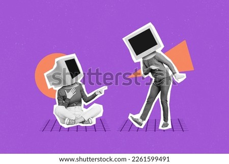 Composite collage photo of two headless girls absurd oldschool computer display monitor advert party invite isolated on purple color background Royalty-Free Stock Photo #2261599491