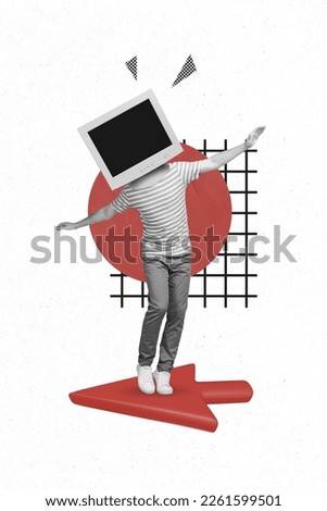 Photo cartoon collage picture of carefree guy vintage monitor instead of head walking mouse arrow isolated drawing background