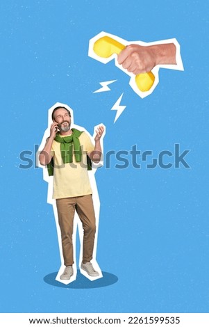Creative retro 3d magazine collage image of senior mature guy calling gadget help line isolated painting background