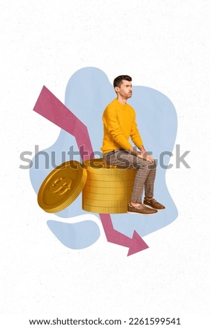 Collage photo picture poster image of sad upset unhappy man sitting stack coins lost money work job isolated on drawing background