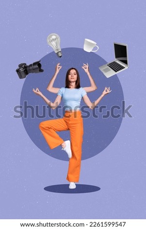 Vertical collage picture of busy peaceful girl stand one leg four arms keep balance photo camera coffee cup light bulb netbook