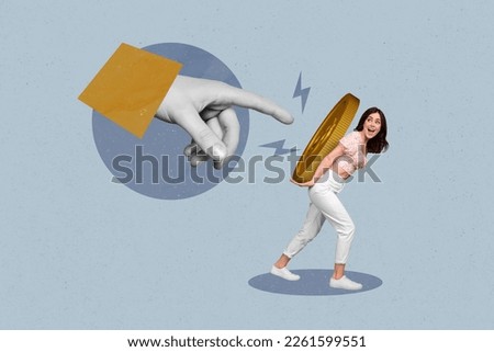 Photo collage artwork minimal picture of arm hand pulling finger holding coin isolated drawing background