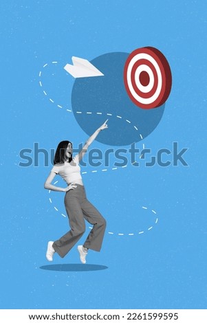 Vertical collage picture of mini excited black white gamma girl point finger send paper plane darts board target isolated on blue background