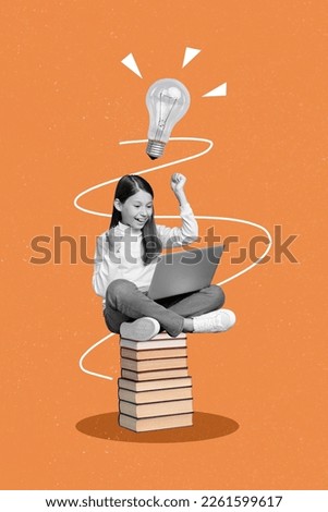 Vertical creative photo design of positive satisfied clever young girl sitting on book raise fist up look at laptop while doing homework