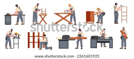 Carpenter with furniture. Man with lumber equipment working sawing with wood material, woodworking carpentry handcraft concept. Vector cartoon set of carpenter make furniture illustration Royalty-Free Stock Photo #2261601925