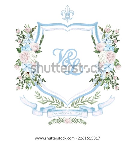 Painted watercolor light pink rose, light blue flower and blue wedding crest with fleur de lis heraldic symbol isolated on white background. Royalty-Free Stock Photo #2261615317
