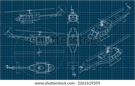 Combat military helicopter us army. Fighting vehicle during the Vietnam War. Blueprint with projections and isometry. Scale model.	
 Royalty-Free Stock Photo #2261619359