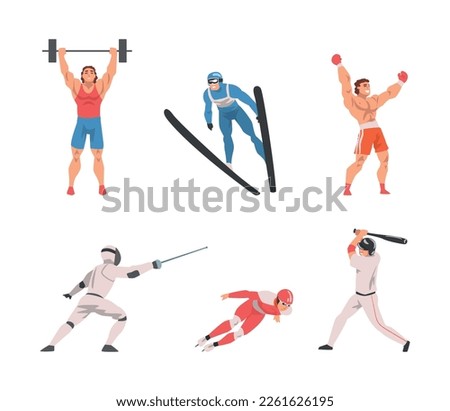 Man Character Lifting Barbell, Skiing, Boxing, Fencing, Ice Skating and Playing Baseball Vector Set