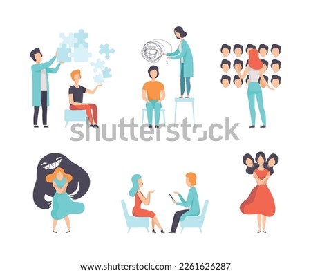 Man and Woman Having Mental Disorder and Psychic Illness Engaged in Psychotherapy and Treatment Vector Set Royalty-Free Stock Photo #2261626287