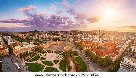 Aerial panoramic view of the famous Schlossplatz in Downtown Stuttgart, Germany at sunset, travel background Royalty-Free Stock Photo #2261634741