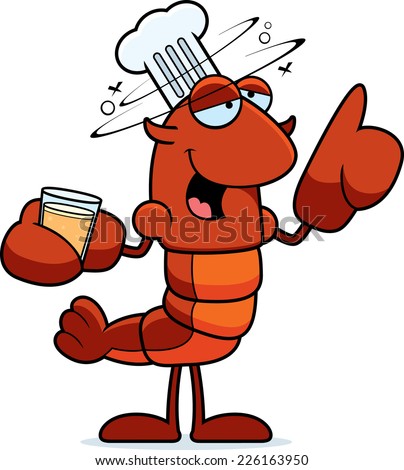 A cartoon illustration of a crawfish chef looking drunk.