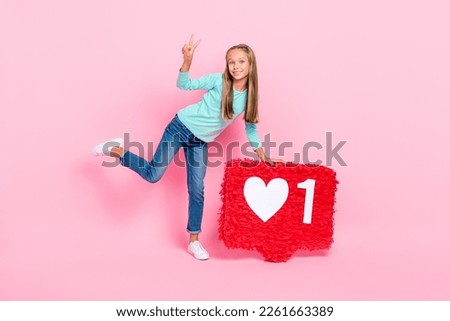 Full size photo of small cheerful person demonstrate v-sign big like collage isolated on pink color background