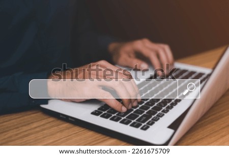 Searching Browsing Internet Data Information Networking Concept, Human hand use laptop to search the internet, Searching engine with blank search bar, Search engine optimization, SEO