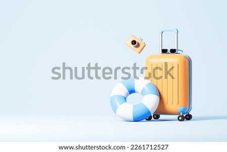 Luggage with swim ring and camera in the blue background, 3d rendering. Digital drawing.