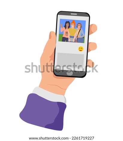 Hand touch smartphone screen and hold mobile phones with apps for watching video, social media, group calling and playing games. Friends communication. Flat vector illustration