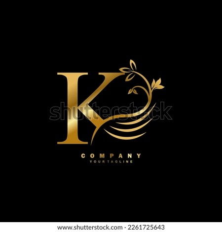 Gold luxury K letter logo with beautiful floral and feather ornament. feather logo. K typography, K monogram. Suitable for business logos, brands, companies, boutiques, beauty logos, etc
