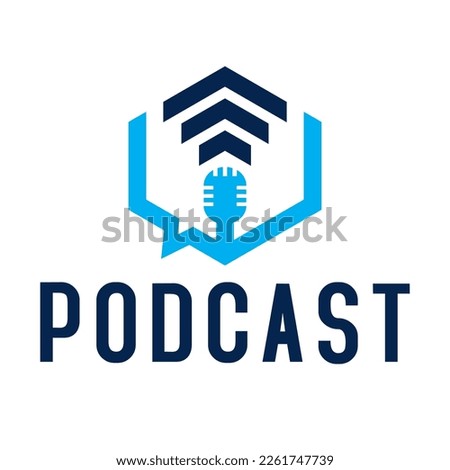 The microphone icon in a fashionable flat style is isolated against the background. Logo, application, user interface. Podcast radio icon. Studio microphone table broadcast podcast text.