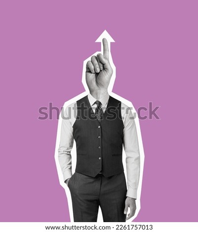 Composition from a man with head hand shaped. Modern art collage. Company growth and success strategy. Business concept. Copy space.
