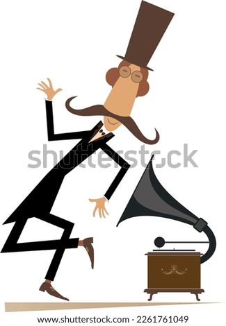 Retro record player. Dancing man in the top hat. 
Cartoon long mustache dancer in the top hat. Retro record player. Isolated on white illustration
