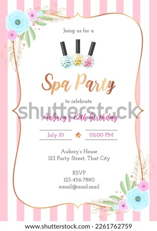 Spa birthday party invitation template. Beautiful pink striped background with golden frame, flowers and sparkling makeup products. Vector illustration 10 EPS. Royalty-Free Stock Photo #2261762759