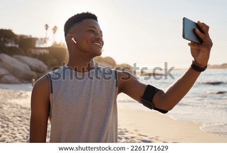 Sports, fitness selfie and black man at beach for social media, video call or training blog update on running goals. Athlete, runner or african person with exercise, cardio or workout profile picture