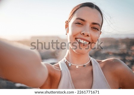 Fitness, woman and portrait smile for profile picture, selfie or vlog by beach for healthy exercise. Happy female runner smiling with teeth for social media, memory or post by ocean coast outdoors