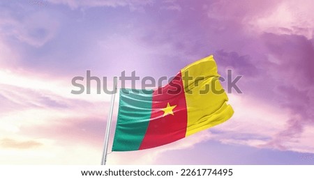 Cameroon national flag waving in the sky.