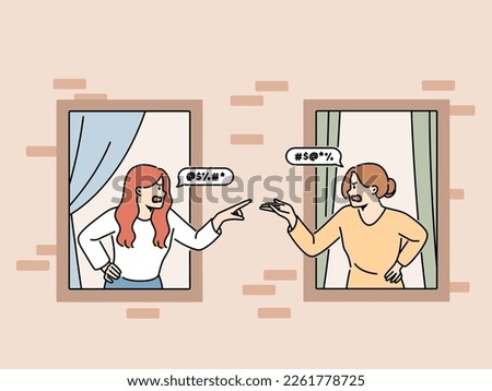 Angry women look out of house windows quarrelling. Furious female neighbors fight or argue living next doors. Vector illustration.  Royalty-Free Stock Photo #2261778725